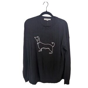 NWT LOFT Dachshund Dog Embroidered Side Button Crewneck Sweater Black